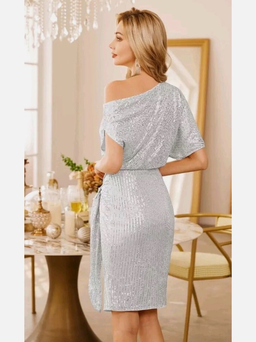 Grace Karin One-Shoulder Silver Sequin Knot Party Dress NWT - Picture 2 of 8